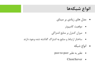 ‫هها‬‌‫ه‬ ‫شبک‬ ‫انواع‬
●‫یمبنای‬ ‫بر‬ ‫زیادی‬ ‫اهای‬ ‫یمدل‬
●‫کایمپیوتر‬ ‫یموقعیت‬
●‫اشتراکی‬ ‫یمنابع‬ ‫بر‬ ‫کنترل‬ ‫یمیزان‬
●‫دارند‬ ‫وجود‬ ‫شده‬ ‫گذاشته‬ ‫اشتراک‬ ‫به‬ ‫یمنابع‬ ‫و‬ ‫ارتباط‬ ‫ساختار‬
●‫شبکه‬ ‫انواع‬
●‫نظیر‬ ‫به‬ ‫نظیر‬peer-to-peer
●Client/Server
 