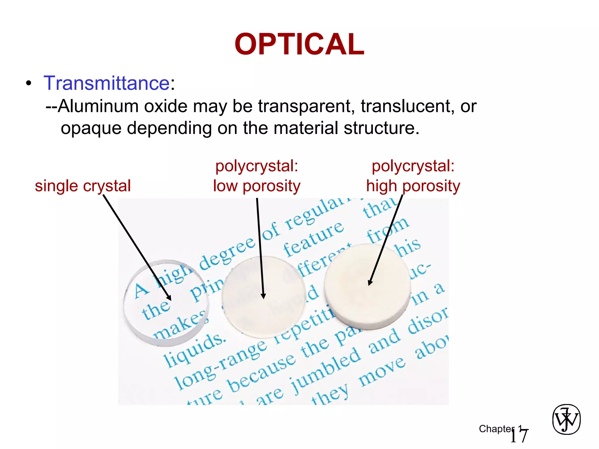 Chapter 1 -
17
• Transmittance:
--Aluminum oxide may be transparent, translucent, or
opaque depending on the material structure.
single crystal
polycrystal:
low porosity
polycrystal:
high porosity
OPTICAL
 