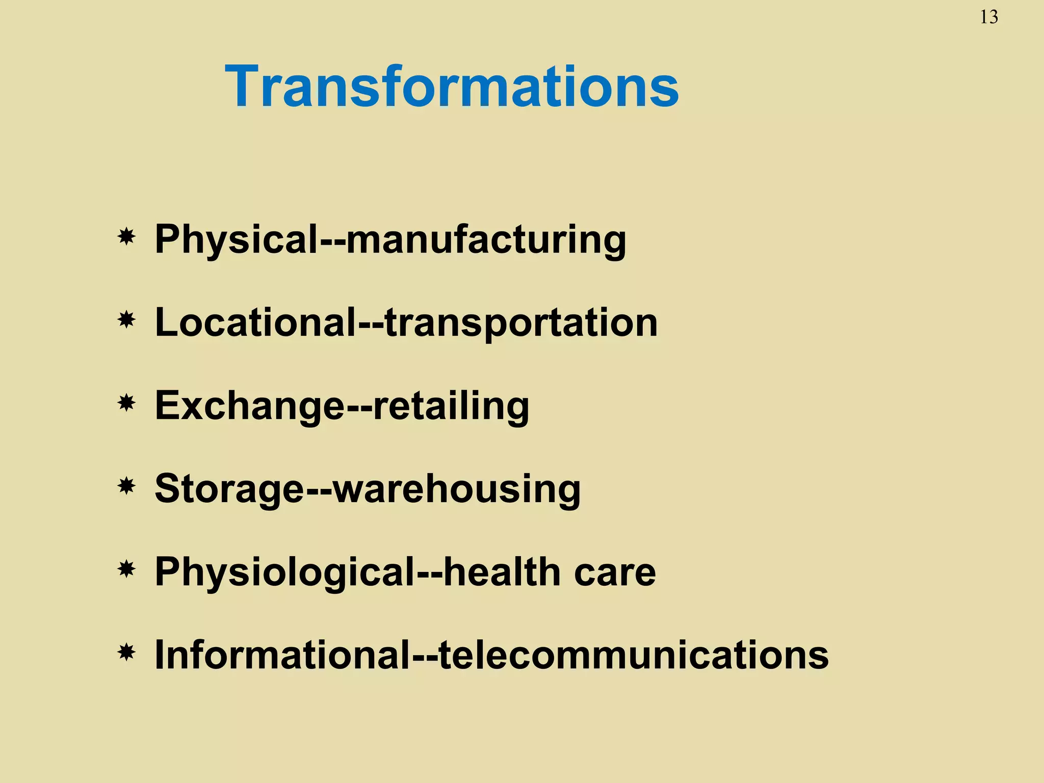 13



       Transformations

   Physical--manufacturing
   Locational--transportation
   Exchange--retailing
   Storage--warehousing
   Physiological--health care
   Informational--telecommunications
 