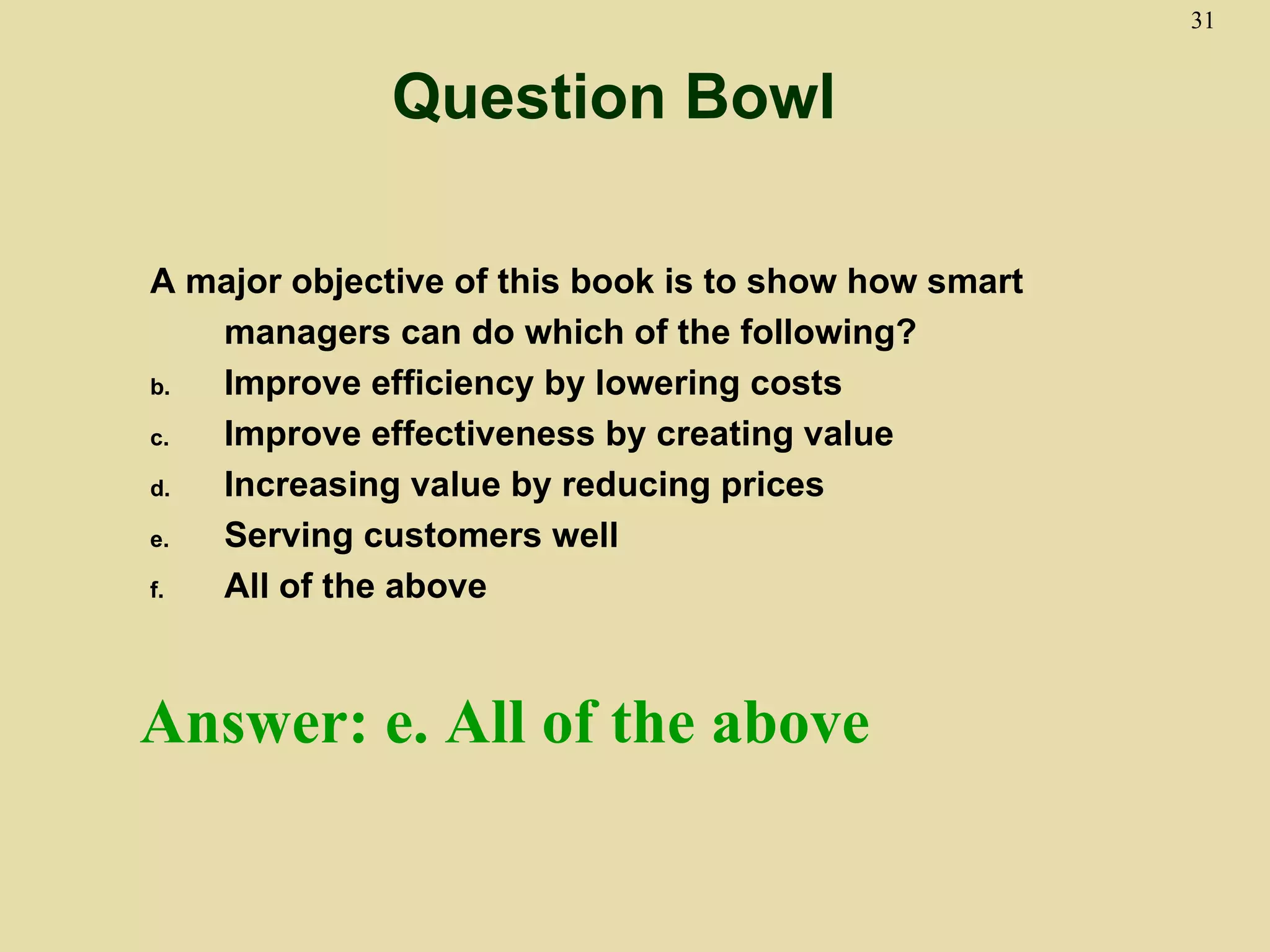31


              Question Bowl

A major objective of this book is to show how smart
   managers can do which of the following?
b. Improve efficiency by lowering costs
c. Improve effectiveness by creating value
d. Increasing value by reducing prices
e. Serving customers well
f. All of the above



Answer: e. All of the above
 