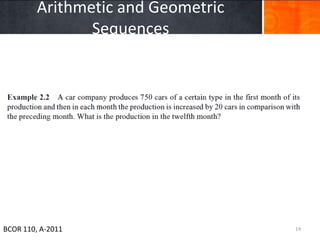 Arithmetic and Geometric
                Sequences




BCOR 110, A-2011                    14
 
