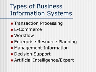 Types of Business
Information Systems
 Transaction Processing
 E-Commerce
 Workflow
 Enterprise Resource Planning
 Ma...
