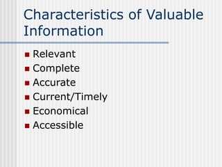 Characteristics of Valuable
Information
 Relevant
 Complete
 Accurate
 Current/Timely
 Economical
 Accessible
 