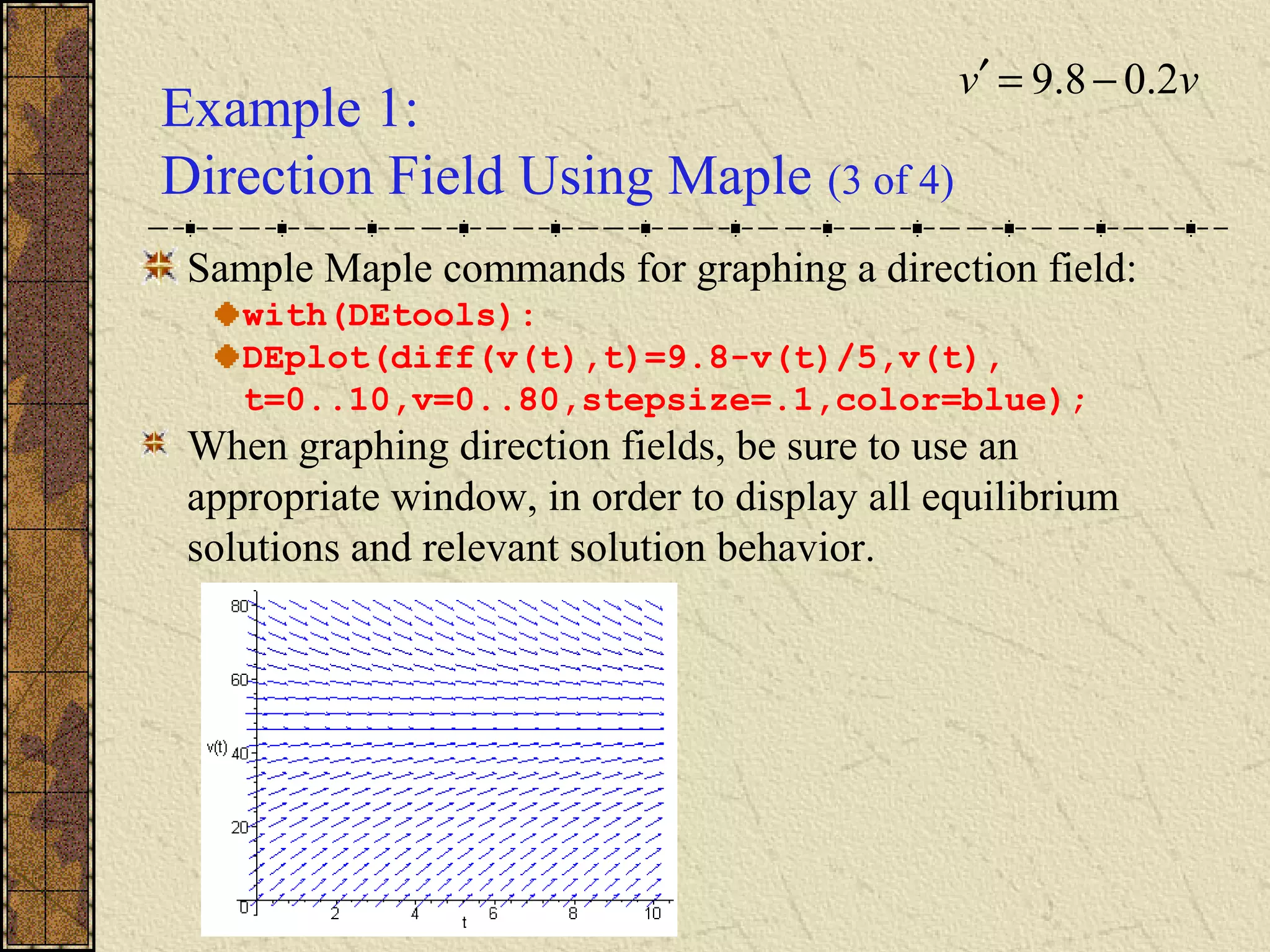 Example 1:
Direction Field Using Maple (3 of 4)
Sample Maple commands for graphing a direction field:
with(DEtools):
DEplot(diff(v(t),t)=9.8-v(t)/5,v(t),
t=0..10,v=0..80,stepsize=.1,color=blue);
When graphing direction fields, be sure to use an
appropriate window, in order to display all equilibrium
solutions and relevant solution behavior.
vv 2.08.9 −=′
 
