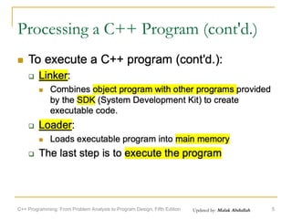 Updated by: Malak Abdullah
Processing a C++ Program (cont'd.)
C++ Programming: From Problem Analysis to Program Design, Fifth Edition 5
 