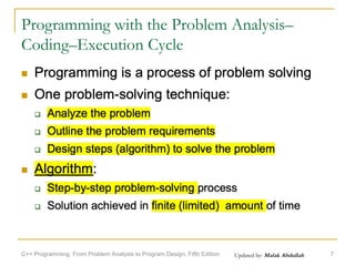 Updated by: Malak Abdullah
Programming with the Problem Analysis–
Coding–Execution Cycle
C++ Programming: From Problem Analysis to Program Design, Fifth Edition 7
 