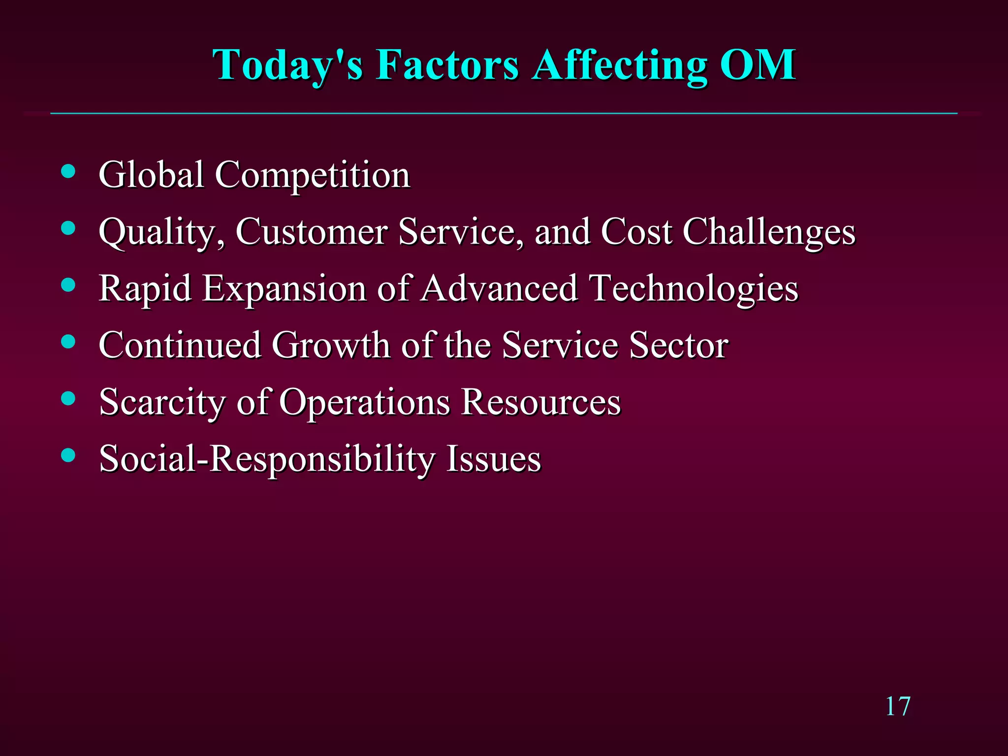 Today's Factors Affecting OM Global Competition Quality, Customer Service, and Cost Challenges Rapid Expansion of Advanced Technologies Continued Growth of the Service Sector Scarcity of Operations Resources Social-Responsibility Issues 
