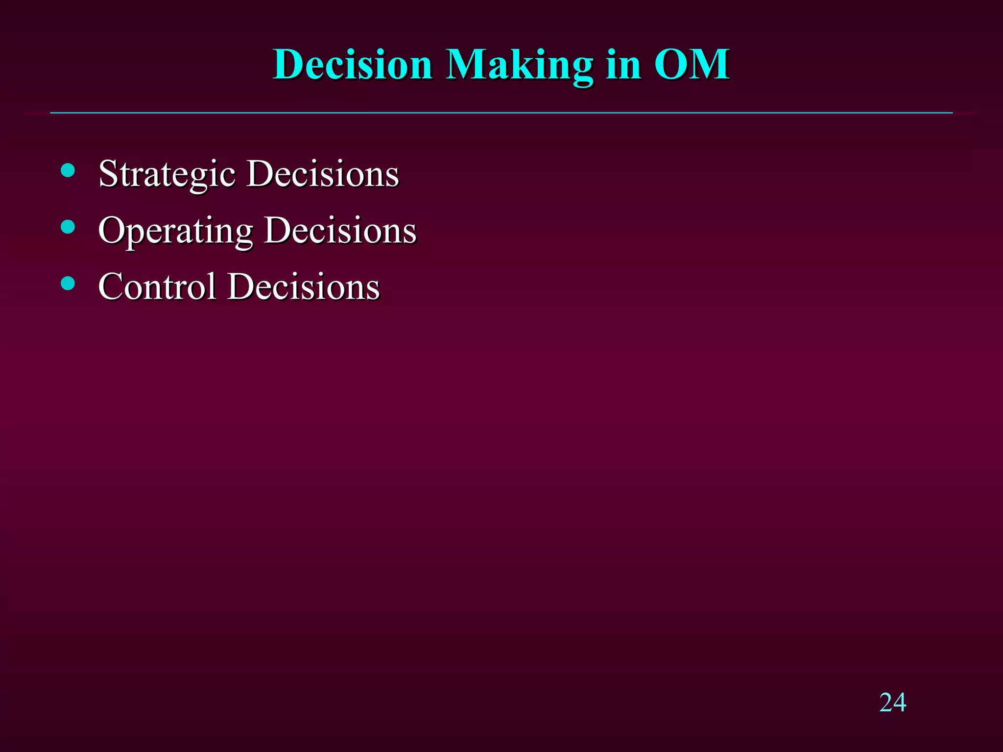 Decision Making in OM Strategic Decisions Operating Decisions Control Decisions 