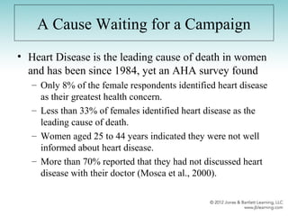 A Cause Waiting for a Campaign
• Heart Disease is the leading cause of death in women
and has been since 1984, yet an AHA survey found
– Only 8% of the female respondents identified heart disease
as their greatest health concern.
– Less than 33% of females identified heart disease as the
leading cause of death.
– Women aged 25 to 44 years indicated they were not well
informed about heart disease.
– More than 70% reported that they had not discussed heart
disease with their doctor (Mosca et al., 2000).
 
