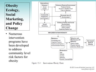Obesity
Ecology,
Social
Marketing,
and Policy
Change
• Numerous
intervention
programs have
been developed
to address
community level
risk factors for
obesity
 