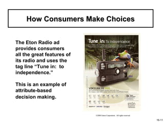 How Consumers Make Choices


The Eton Radio ad
provides consumers
all the great features of
its radio and uses the
tag line “Tune in: to
independence.”

This is an example of
attribute-based
decision making.


                            ©2008 Eaton Corporation. All rights reserved.

                                                                            16-11
 