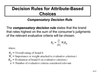 Decision Rules for Attribute-Based
                Choices
              Compensatory Decision Rule

The compensatory decision rule states that the brand
that rates highest on the sum of the consumer’s judgments
of the relevant evaluative criteria will be chosen.




                                                            16-27
 