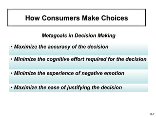 How Consumers Make Choices

            Metagoals in Decision Making

• Maximize the accuracy of the decision

• Minimize the cognitive effort required for the decision

• Minimize the experience of negative emotion

• Maximize the ease of justifying the decision



                                                            16-7
 