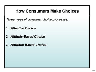 How Consumers Make Choices
Three types of consumer choice processes:

1. Affective Choice

2. Attitude-Based Choice

3. Attribute-Based Choice




                                            16-8
 