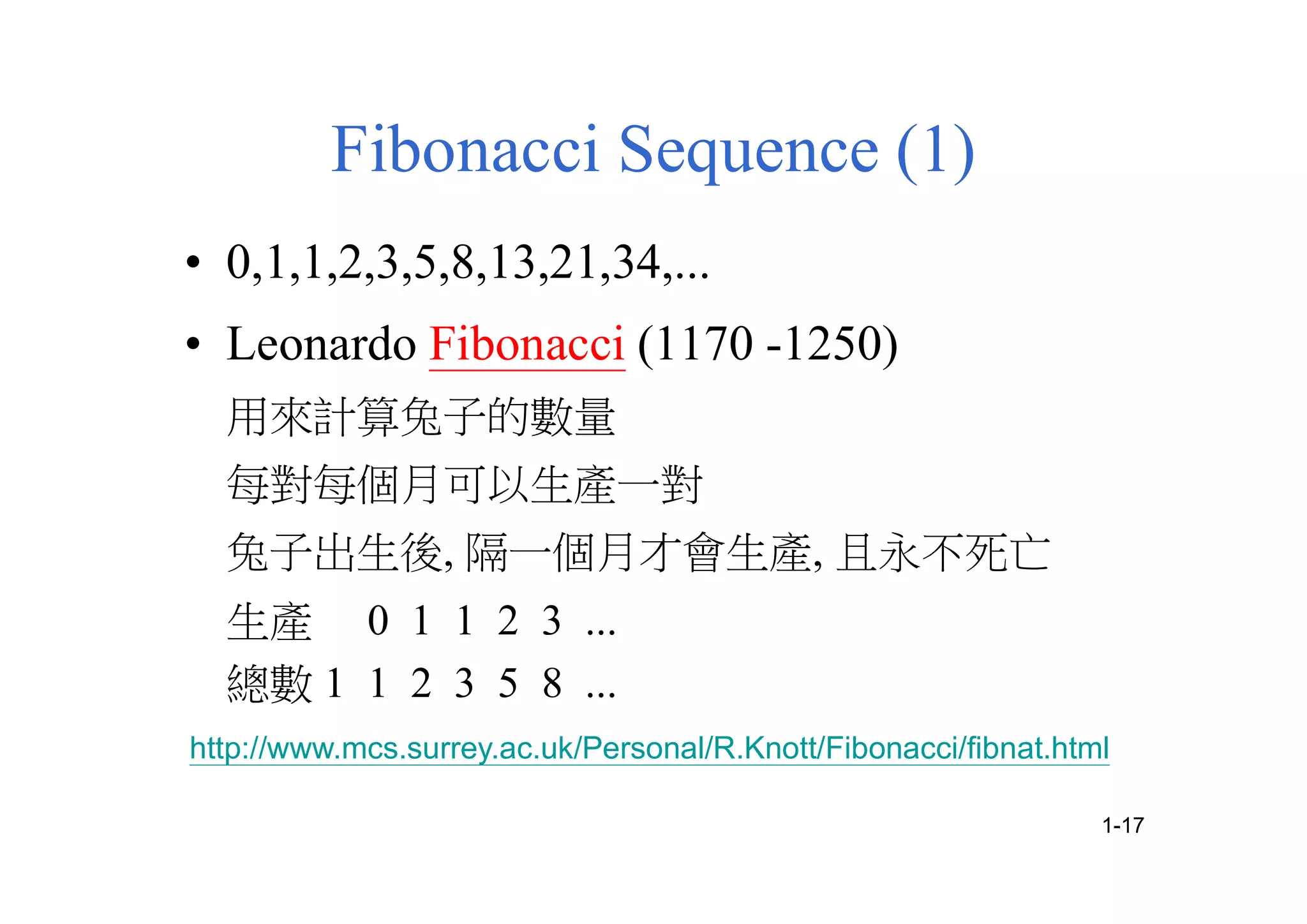 Fibonacci Sequence (1)
• 0,1,1,2,3,5,8,13,21,34,...
• Leonardo Fibonacci (1170 -1250)
用來計算兔子的數量
每對每個月可以生產一對
兔子出生後, 隔一個月才會生產, 且永不死亡
生產 0 1 1 2 3 ...
總數 1 1 2 3 5 8 ...
http://www.mcs.surrey.ac.uk/Personal/R.Knott/Fibonacci/fibnat.html
1-17
 