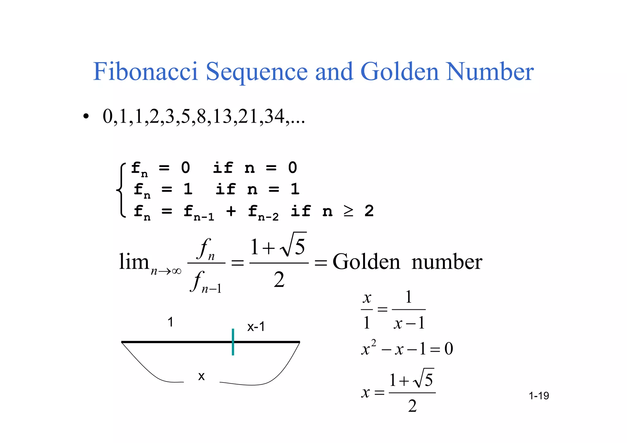 Fibonacci Sequence and Golden Number
• 0,1,1,2,3,5,8,13,21,34,...
fn = 0 if n = 0
fn = 1 if n = 1
fn = fn-1 + fn-2 if n  2
number
Golden
2
5
1
lim
1






n
n
n
f
f
1 x-1
x
2
5
1
0
1
1
1
1
2







x
x
x
x
x
1-19
 