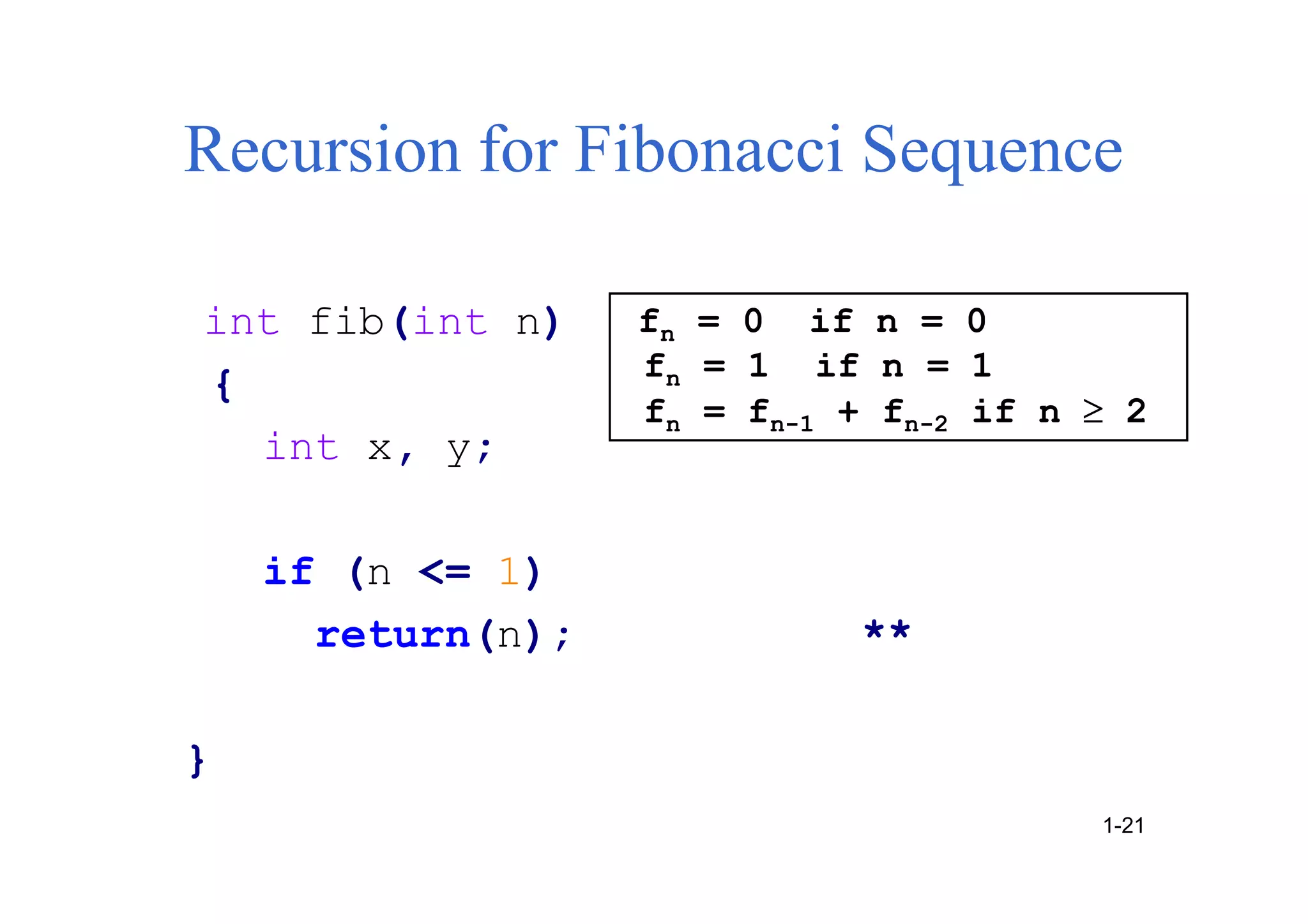 Recursion for Fibonacci Sequence
int fib(int n)
{
int x, y;
if (n <= 1)
return(n); **
}
fn = 0 if n = 0
fn = 1 if n = 1
fn = fn-1 + fn-2 if n  2
1-21
 