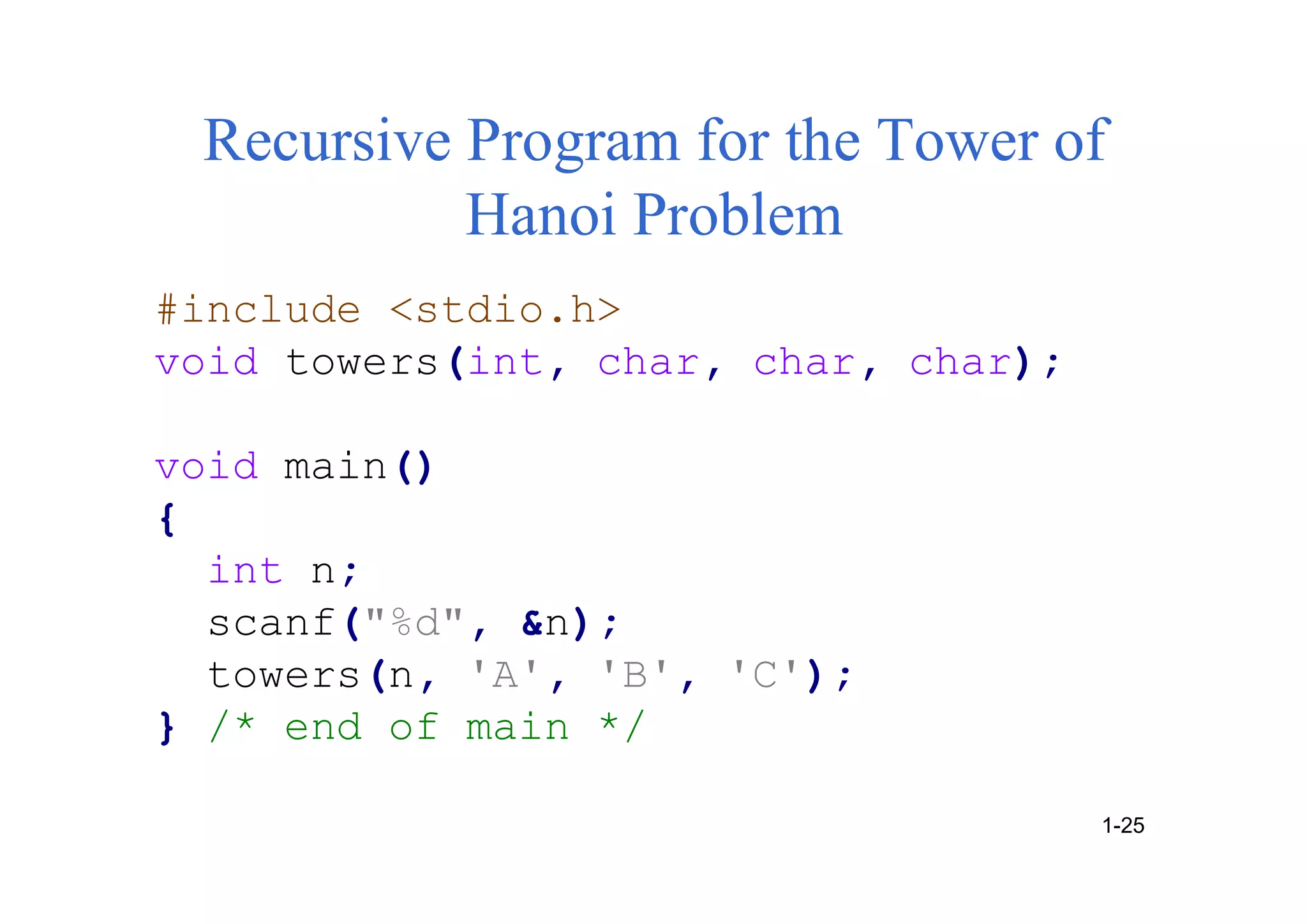 #include <stdio.h>
void towers(int, char, char, char);
void main()
{
int n;
scanf("%d", &n);
towers(n, 'A', 'B', 'C');
} /* end of main */
Recursive Program for the Tower of
Hanoi Problem
1-25
 