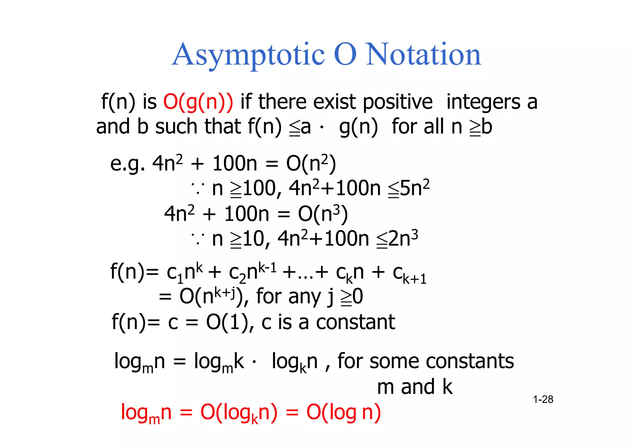 Asymptotic O Notation
f(n) is O(g(n)) if there exist positive integers a
and b such that f(n) ≦a． g(n) for all n ≧b
e.g. 4n2 + 100n = O(n2)
∵ n ≧100, 4n2+100n ≦5n2
4n2 + 100n = O(n3)
∵ n ≧10, 4n2+100n ≦2n3
f(n)= c1nk + c2nk-1 +…+ ckn + ck+1
= O(nk+j), for any j ≧0
f(n)= c = O(1), c is a constant
logmn = logmk． logkn , for some constants
m and k
logmn = O(logkn) = O(log n)
1-28
 