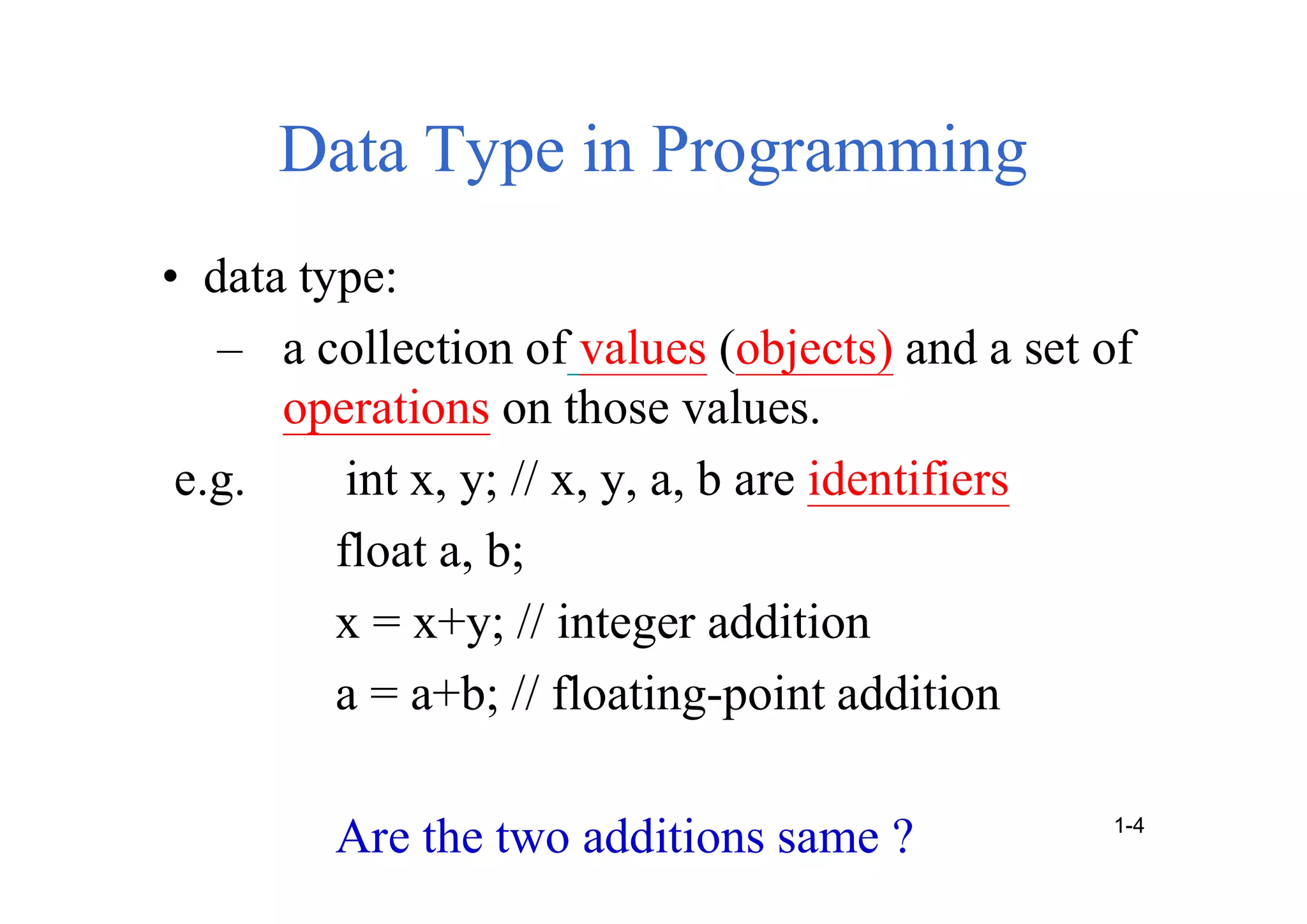 Data Type in Programming
• data type:
– a collection of values (objects) and a set of
operations on those values.
e.g. int x, y; // x, y, a, b are identifiers
float a, b;
x = x+y; // integer addition
a = a+b; // floating-point addition
Are the two additions same ? 1-4
 