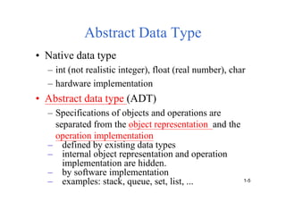 Abstract Data Type
• Native data type
– int (not realistic integer), float (real number), char
– hardware implementation
• Abstract data type (ADT)
– Specifications of objects and operations are
separated from the object representation and the
operation implementation
– defined by existing data types
– internal object representation and operation
implementation are hidden.
– by software implementation
– examples: stack, queue, set, list, ... 1-5
 
