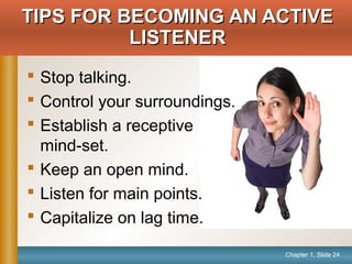 Chapter 1, Slide 24
TIPS FOR BECOMING AN ACTIVETIPS FOR BECOMING AN ACTIVE
LISTENERLISTENER
 Stop talking.
 Control your surroundings.
 Establish a receptive
mind-set.
 Keep an open mind.
 Listen for main points.
 Capitalize on lag time.
 
