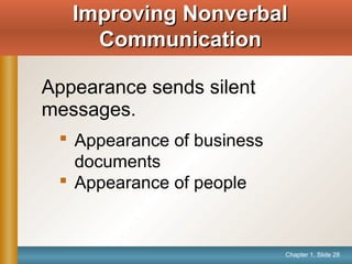 Chapter 1, Slide 28
Improving NonverbalImproving Nonverbal
CommunicationCommunication
Appearance sends silent
messages.
 Appearance of business
documents
 Appearance of people
 
