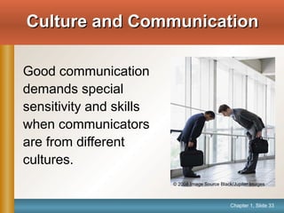 Chapter 1, Slide 33
Culture and CommunicationCulture and Communication
Good communication
demands special
sensitivity and skills
when communicators
are from different
cultures.
© 2008 Image Source Black/Jupiter Images
 