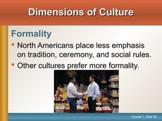 Chapter 1, Slide 38
Dimensions of CultureDimensions of Culture
Formality
 North Americans place less emphasis
on tradition, ceremony, and social rules.
 Other cultures prefer more formality.
 