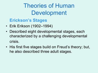 Theories of Human
Development
Erickson’s Stages
• Erik Erikson (1902–1994)
• Described eight developmental stages, each
characterized by a challenging developmental
crisis.
• His first five stages build on Freud’s theory; but,
he also described three adult stages.
 