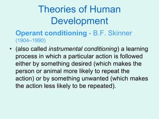 Theories of Human
Development
Operant conditioning - B.F. Skinner
(1904–1990)
• (also called instrumental conditioning) a learning
process in which a particular action is followed
either by something desired (which makes the
person or animal more likely to repeat the
action) or by something unwanted (which makes
the action less likely to be repeated).
 