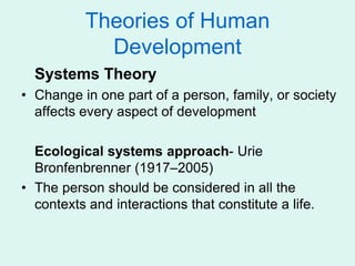 Theories of Human
Development
Systems Theory
• Change in one part of a person, family, or society
affects every aspect of development
Ecological systems approach- Urie
Bronfenbrenner (1917–2005)
• The person should be considered in all the
contexts and interactions that constitute a life.
 