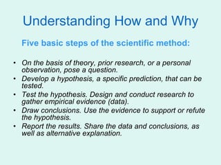 Understanding How and Why
Five basic steps of the scientific method:
• On the basis of theory, prior research, or a personal
observation, pose a question.
• Develop a hypothesis, a specific prediction, that can be
tested.
• Test the hypothesis. Design and conduct research to
gather empirical evidence (data).
• Draw conclusions. Use the evidence to support or refute
the hypothesis.
• Report the results. Share the data and conclusions, as
well as alternative explanation.
 