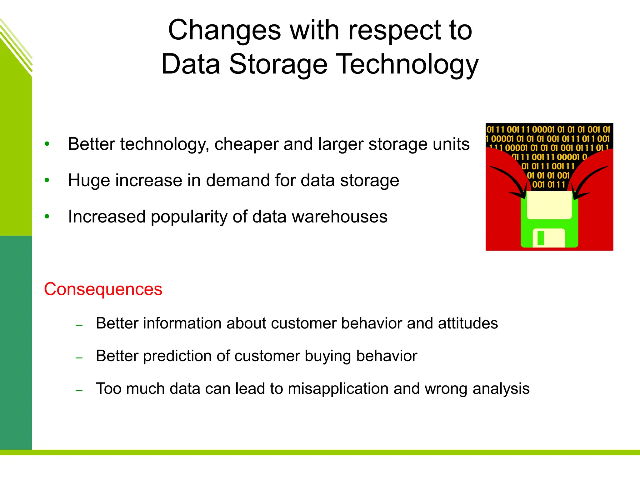 Changes with respect to
Data Storage Technology
• Better technology, cheaper and larger storage units
• Huge increase in demand for data storage
• Increased popularity of data warehouses
Consequences
– Better information about customer behavior and attitudes
– Better prediction of customer buying behavior
– Too much data can lead to misapplication and wrong analysis
 