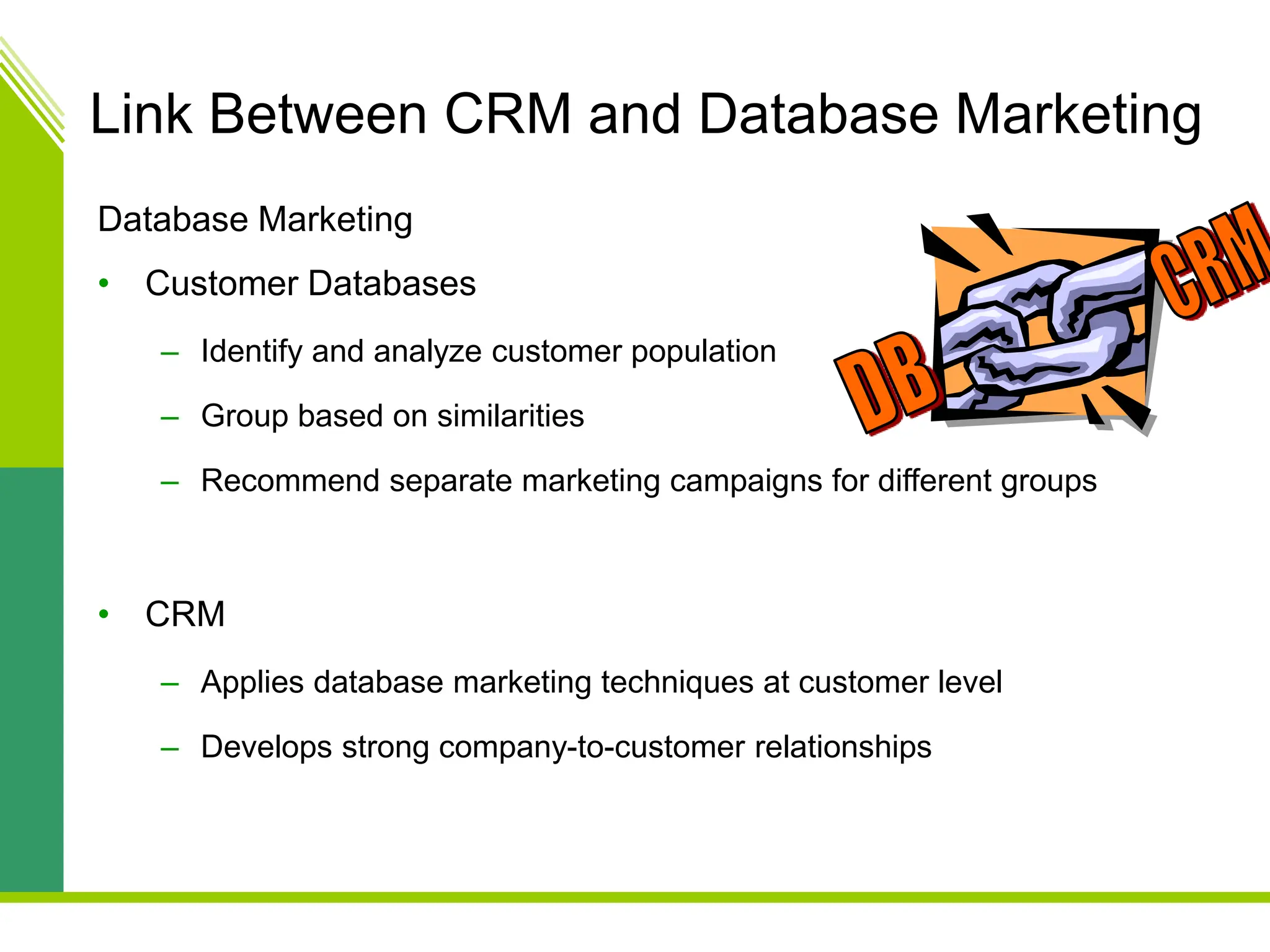 Link Between CRM and Database Marketing
Database Marketing
• Customer Databases
– Identify and analyze customer population
– Group based on similarities
– Recommend separate marketing campaigns for different groups
• CRM
– Applies database marketing techniques at customer level
– Develops strong company-to-customer relationships
 