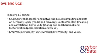 6vs and 6Cs
Industry 4.0 brings:
• 6 Cs: Connection (sensor and networks); Cloud (computing and data
on demand); Cyber (model and memory); Content/context (meaning
and correlation); Community (sharing and collaboration); and
Customization (personalization and value).
• 6 Vs: Volume; Velocity; Variety; Variability; Veracity; and Value.
 