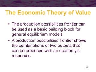 22
• The production possibilities frontier can
be used as a basic building block for
general equilibrium models
• A production possibilities frontier shows
the combinations of two outputs that
can be produced with an economy’s
resources
The Economic Theory of Value
 