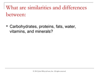 © 2012 John Wiley & Sons, Inc. All rights reserved.
What are similarities and differences
between:
 Carbohydrates, proteins, fats, water,
vitamins, and minerals?
 