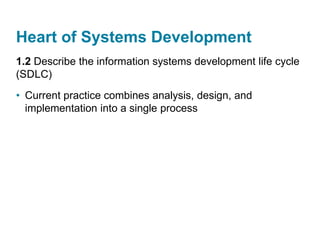 Heart of Systems Development
1.2 Describe the information systems development life cycle
(SDLC)
• Current practice combines analysis, design, and
implementation into a single process
 