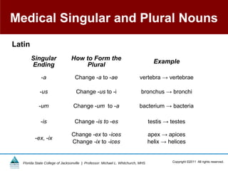 Medical Singular and Plural Nouns
Latin
        Singular                 How to Form the                                     Example
        Ending                        Plural
              -a                   Change -a to -ae                         vertebra → vertebrae

             -us                    Change -us to -i                         bronchus → bronchi

            -um                   Change -um to -a                          bacterium → bacteria

              -is                  Change -is to -es                               testis → testes

                                 Change -ex to -ices                               apex → apices
          -ex, -ix
                                 Change -ix to -ices                               helix → helices


   Florida State College of Jacksonville | Professor: Michael L. Whitchurch, MHS            Copyright ©2011 All rights reserved.
 
