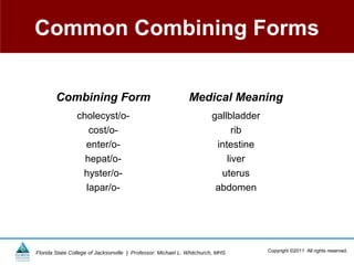 Common Combining Forms


        Combining Form                                        Medical Meaning
                cholecyst/o-                                           gallbladder
                   cost/o-                                                   rib
                  enter/o-                                              intestine
                  hepat/o-                                                 liver
                 hyster/o-                                               uterus
                  lapar/o-                                              abdomen




Florida State College of Jacksonville | Professor: Michael L. Whitchurch, MHS        Copyright ©2011 All rights reserved.
 