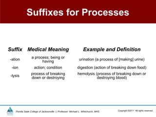 Suffixes for Processes


Suffix Medical Meaning                                           Example and Definition
                  a process; being or
-ation                                                        urination (a process of [making] urine)
                        having
 -ion               action; condition                       digestion (action of breaking down food)
                  process of breaking                       hemolysis (process of breaking down or
 -lysis           down or destroying                                   destroying blood)




    Florida State College of Jacksonville | Professor: Michael L. Whitchurch, MHS    Copyright ©2011 All rights reserved.
 