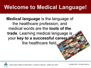 Welcome to Medical Language!

Medical language is the language of
   the healthcare profession, and
 medical words are the tools of the
trade. Learning medical language is
your key to a successful career in
        the healthcare field.




 Florida State College of Jacksonville | Professor: Michael L. Whitchurch, MHS   Copyright ©2011 All rights reserved.
 