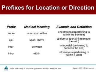 Prefixes for Location or Direction


 Prefix                 Medical Meaning                                 Example and Definition
                                                                           endotracheal (pertaining to
  endo-                     innermost; within                                 within the trachea)
                                                                         epidermal (pertaining to upon
  epi-                          upon; above                                        the skin)
                                                                             intercostal (pertaining to
  inter-                           between                                       between the ribs)
                                                                            intravenous (pertaining to
  intra-                              within                                       within a vein)




   Florida State College of Jacksonville | Professor: Michael L. Whitchurch, MHS        Copyright ©2011 All rights reserved.
 