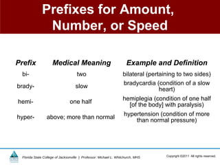 Prefixes for Amount,
               Number, or Speed

Prefix               Medical Meaning                                 Example and Definition
 bi-                                 two                           bilateral (pertaining to two sides)
                                                                   bradycardia (condition of a slow
brady-                              slow                                          heart)
                                                                   hemiplegia (condition of one half
hemi-                            one half                            [of the body] with paralysis)
                                                                    hypertension (condition of more
hyper-           above; more than normal                                than normal pressure)




  Florida State College of Jacksonville | Professor: Michael L. Whitchurch, MHS     Copyright ©2011 All rights reserved.
 