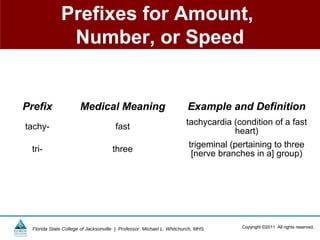 Prefixes for Amount,
               Number, or Speed


Prefix                 Medical Meaning                                 Example and Definition
                                                                       tachycardia (condition of a fast
tachy-                                 fast                                        heart)
                                                                        trigeminal (pertaining to three
 tri-                                three                               [nerve branches in a] group)




  Florida State College of Jacksonville | Professor: Michael L. Whitchurch, MHS       Copyright ©2011 All rights reserved.
 