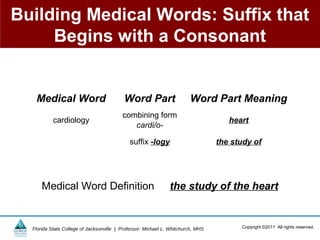 Building Medical Words: Suffix that
     Begins with a Consonant


   Medical Word                            Word Part                    Word Part Meaning
                                          combining form
           cardiology                                                                heart
                                             cardi/o-

                                             suffix -logy                         the study of




      Medical Word Definition                                  the study of the heart


  Florida State College of Jacksonville | Professor: Michael L. Whitchurch, MHS         Copyright ©2011 All rights reserved.
 