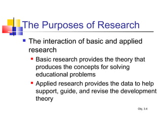 The Purposes of Research
 The interaction of basic and applied
research
 Basic research provides the theory that
produces the concepts for solving
educational problems
 Applied research provides the data to help
support, guide, and revise the development
theory
Obj. 3.4
 