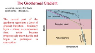The Geothermal GradientThe Geothermal Gradient
A similar example for thick
(continental) lithosphere.
The curved part of the
geotherm represents a zone of
gradual transition – boundary
layer – where, as temperature
rises, rocks become
progressively more ductile and
begin to participate in
convection.
22
 