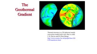 TheThe
GeothermalGeothermal
GradientGradient
Thermal structure in a 3D spherical mantle
convection model (red is hot, blue is cold).
J. H. Davies and H.-Peter Bunge
http://www.ocean.cf.ac.uk/people/huw/AG
U99/mantlecirc.html
40
 